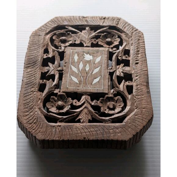 Vintage Hand-Carved Indian Wood Trivet / Decorative Stand with Inlay - Picture 4 of 4